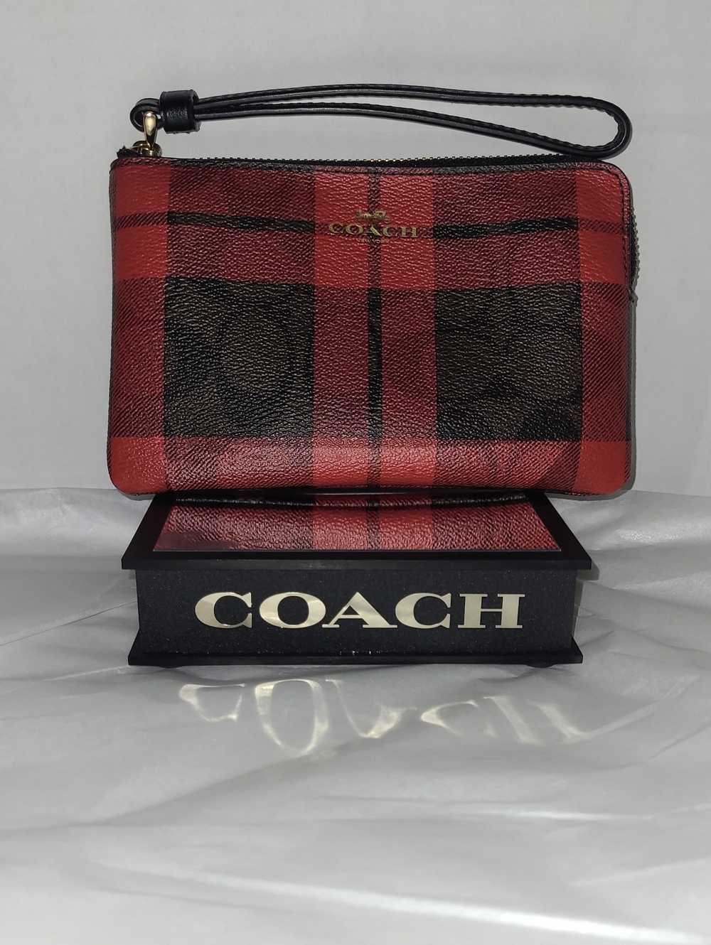 Coach Red and Black Plaid Wristlet with Gold Logo